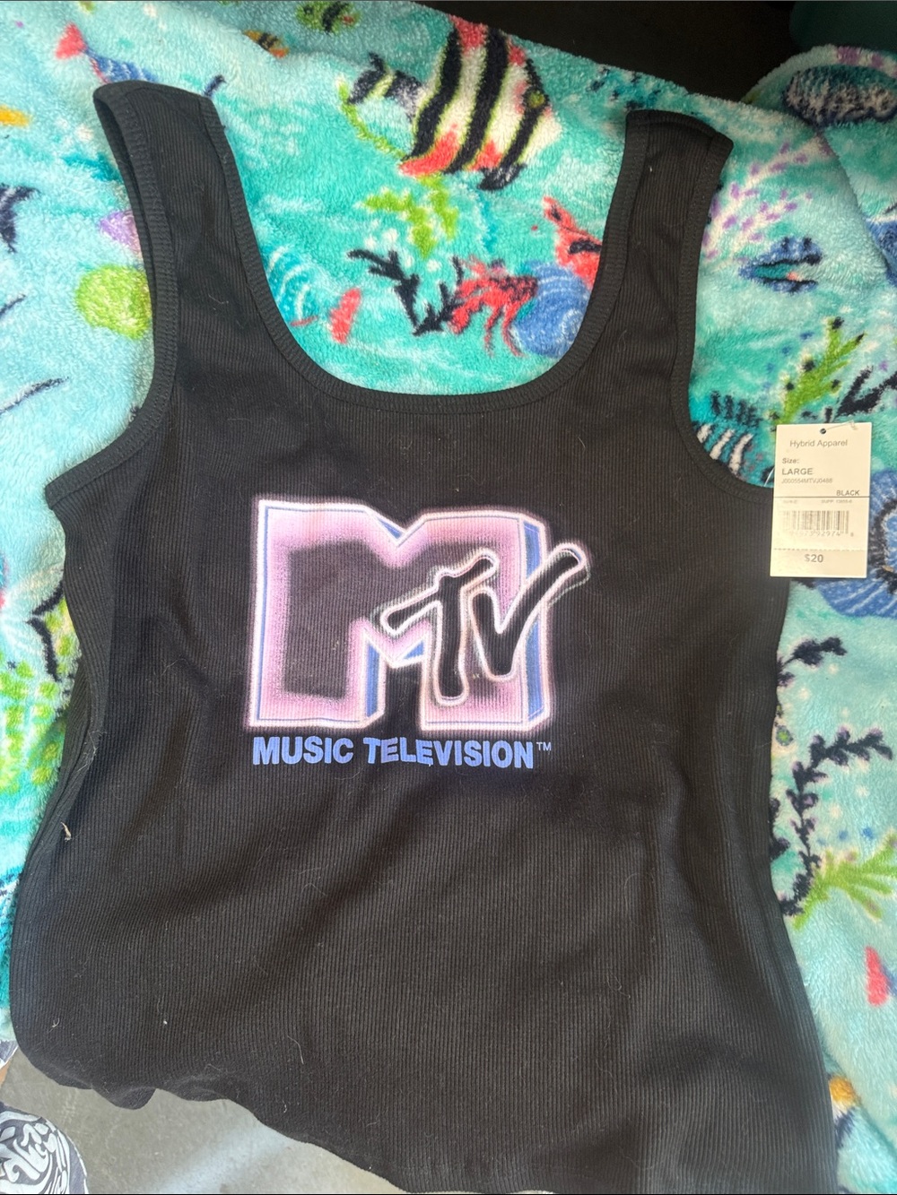MTV Black Ribbed Tank with Neon Pink and Blue Logo